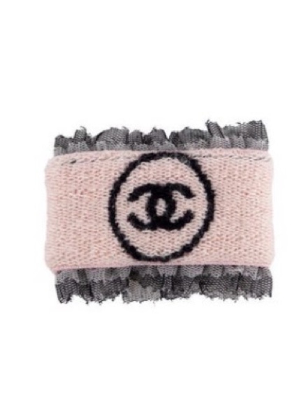 CHANEL Pink & Black CC Lace Trim Knit Logo Wrist Cuff Bracelet Vintage